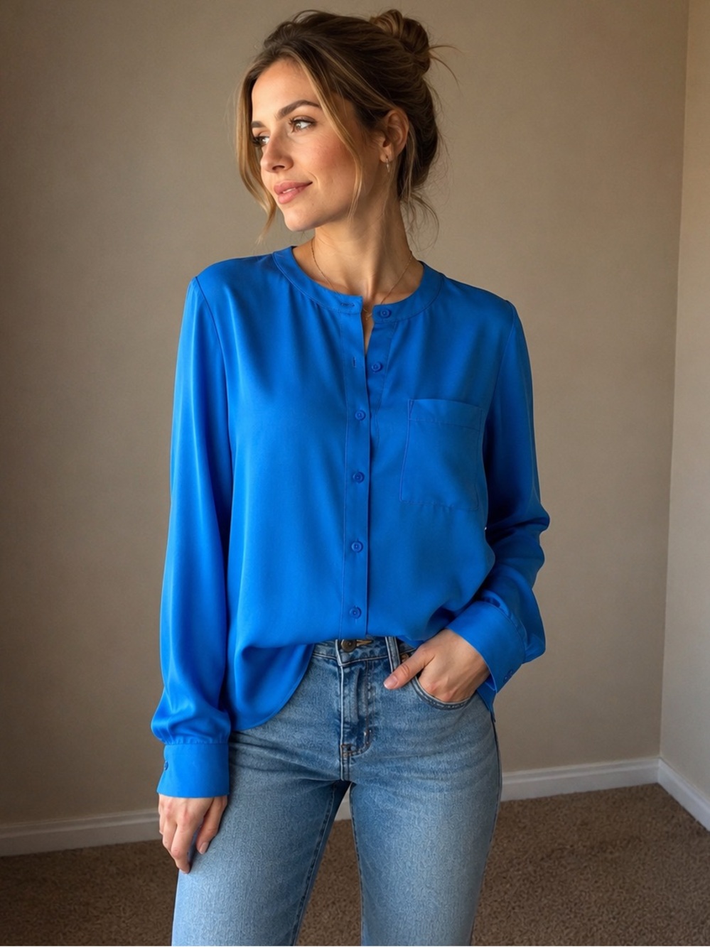 Talbots 100% Silk Blouse S Bright Blue Washable Silk Minimalist Luxe Top - Picture 12 of 17